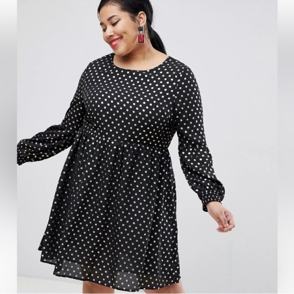 ASOS 10 Glamorous Curve Black Gold Spot Smocked Midi Long Balloon Sleeve Dress